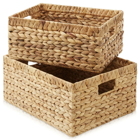 Casafield Water Hyacinth Storage Basket Set with Handles - 1-Jumbo, 1-Large Woven Organizers for Bathroom, Laundry, Pantry, Office, Shelves