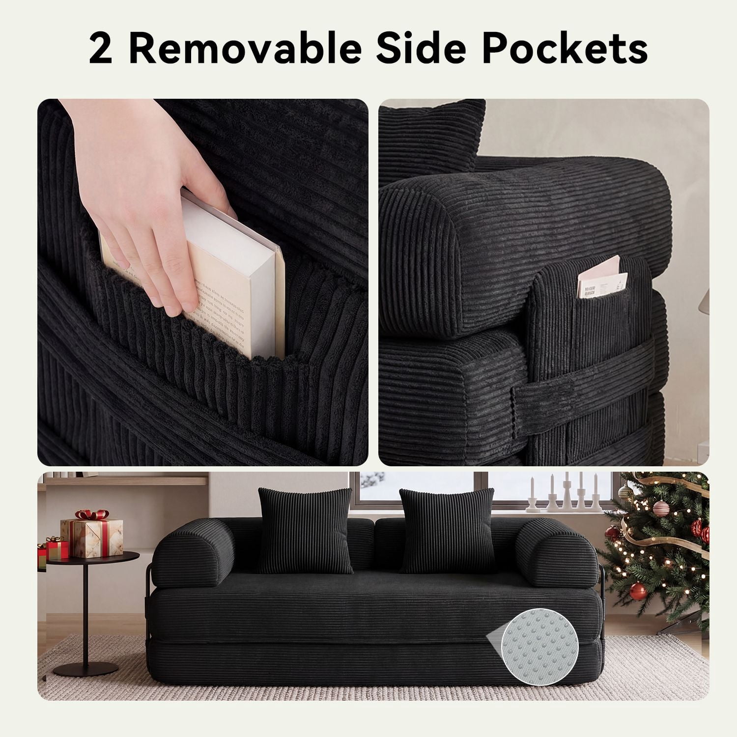 LazySunsets Sofa Bed Convertible Boneless Couch Corduroy Modular Couch Bed with Fixed-Shape Frame & Removable Armrests for Living Room, Bedroom Black