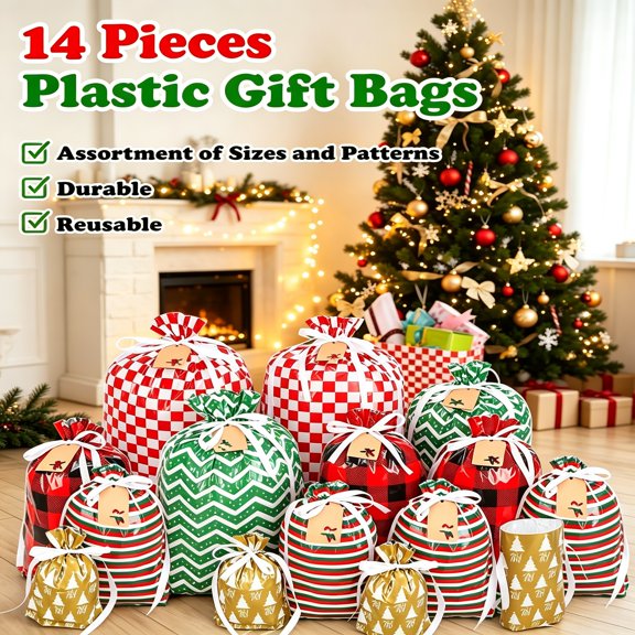 Cowin 14PCS Drawstring Christmas Gift Bags Assorted Sizes with Tags Ribbon Ties, Multi-Purpose Reusable Plastic Gift Wrapping Bags for Christmas Holiday Birthday Party Favors