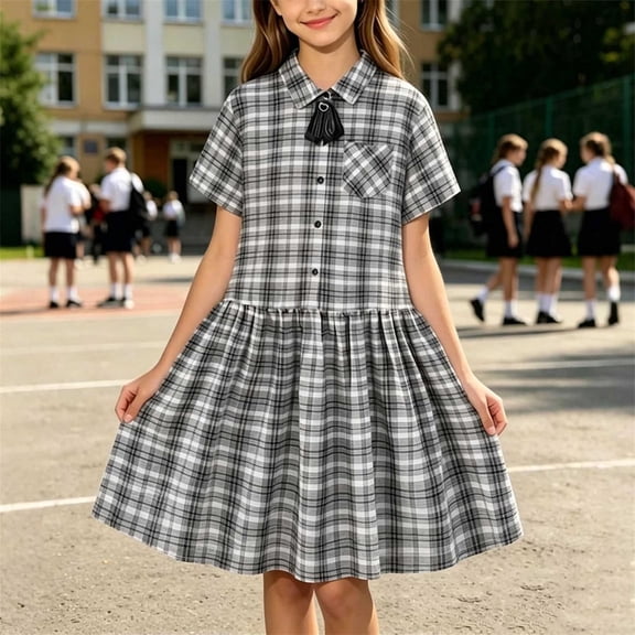 ATORRE Girls Mini Dress 2026 Stylish Plaid Turn-Down Collar Short Sleeve Flowy Dress Preppy Style Back-to-School Outfits Black 14-15 Years