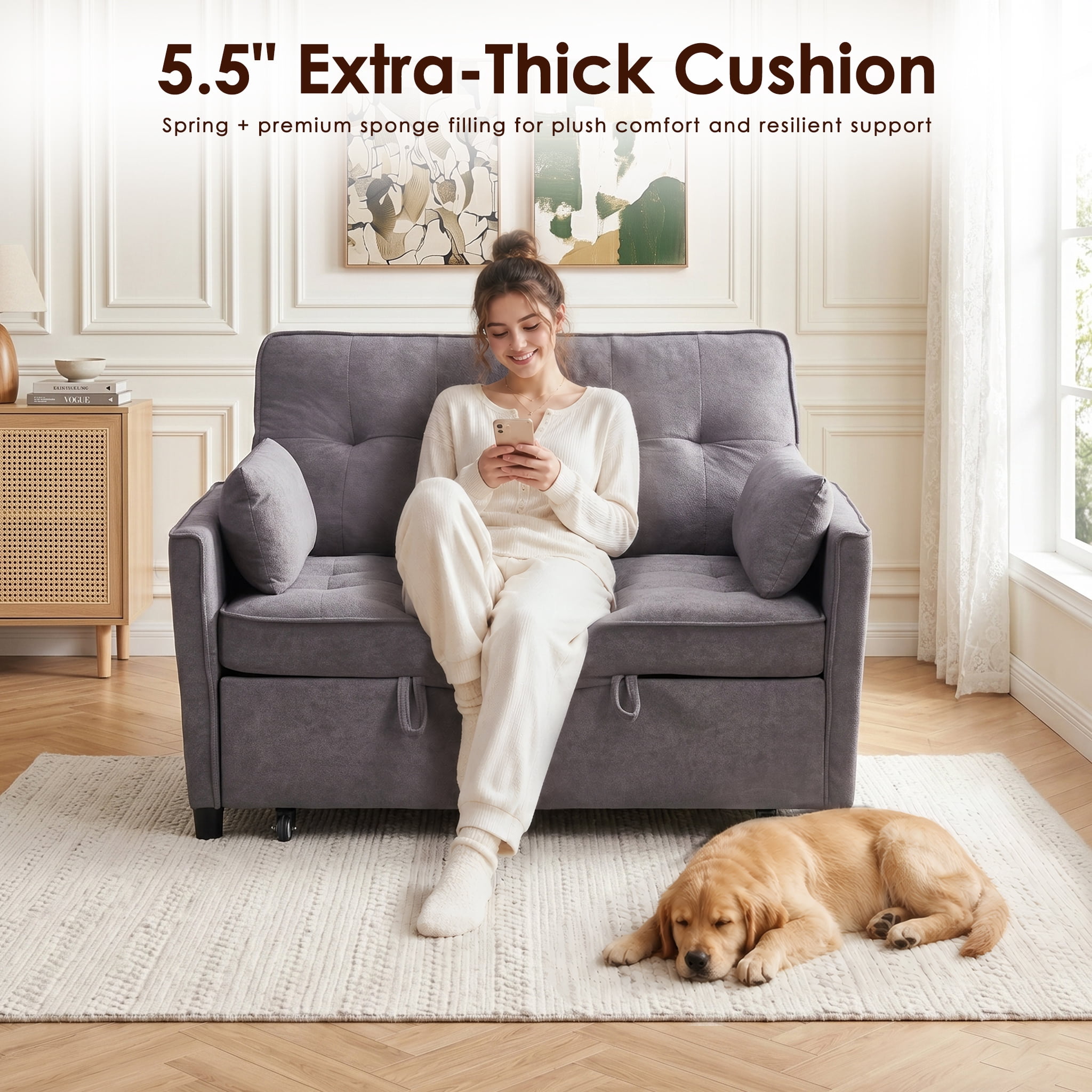 avobird 55'' 3 in 1 Pull Out Sofa Bed, Convertible Couch with Adjustable Backrest/Side Pockets/USB Charging Ports, Sleeper Sofa for Living Room, Gray