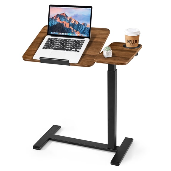 VEVOR Overbed Table 27.6"W x 15.7"D Mobile Bedside Table with Hidden Wheels, for Home Office Bed Couch, Height Adjustable Rolling Laptop Desk, Standing Cart with Tilting Desktop & Cup Holder, Brown