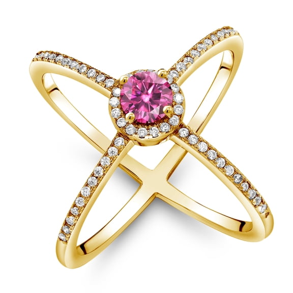 Gem Stone King 18K Yellow Gold Plated Silver Criss Cross X Ring Round Pink Moissanite and (1.32 Cttw, Size 5)