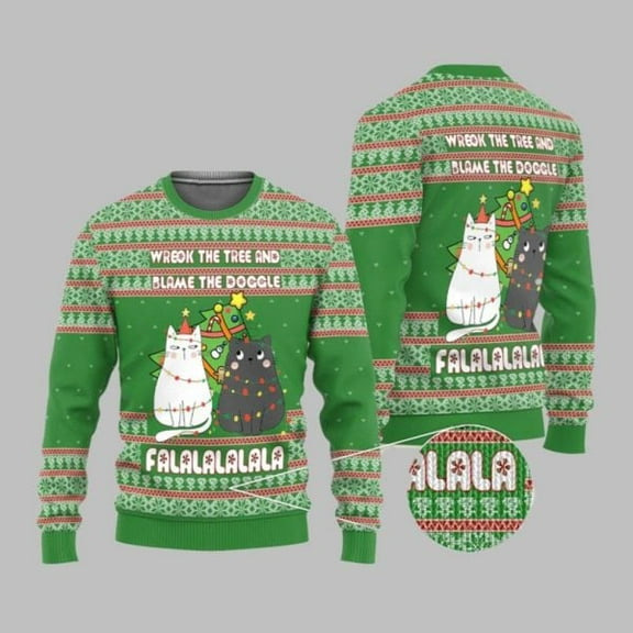 2025 Christmas Cat Wreck The Tree And Blame The Doggle Ugly Christmas Sweater