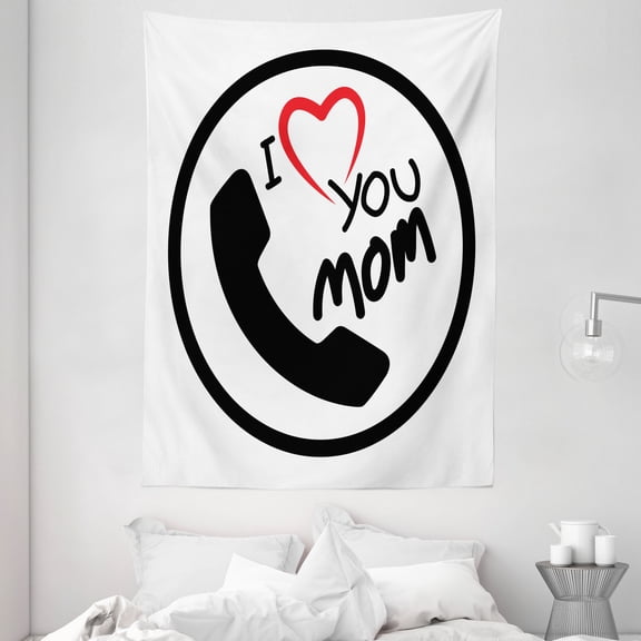 Call Mom Tapestry, Phone Motif with Circular Frame and I Love You Mom Words Simple Modern, Wall Hanging for Bedroom Living Room Dorm Decor, 60W X 80L Inches, Vermilion Black White, by Ambesonne