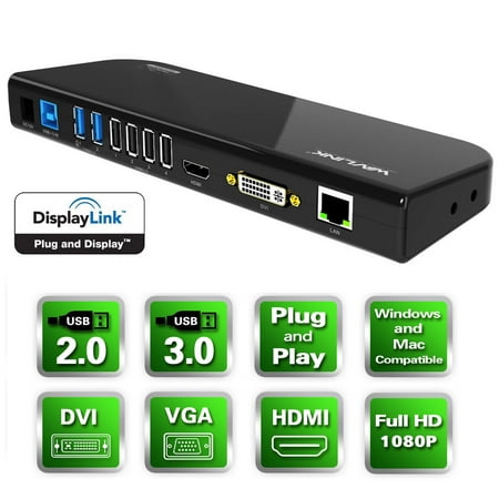 Wavlink USB 3.0 Universal Docking Station, Dual Video Monitor Display DVI & HDMI & VGA with Gigabit Ethernet, Audio, 6 USB Ports for Laptop, Ultrabook and
