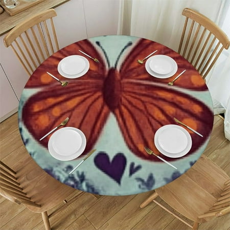 

Patifu Butterfly Love Heart Round Tablecloth 100% Polyester Stain-Resistant Washable Indoor Outdoor Dining Kitchen Farmhouse Outdoor Fitted 31 -35