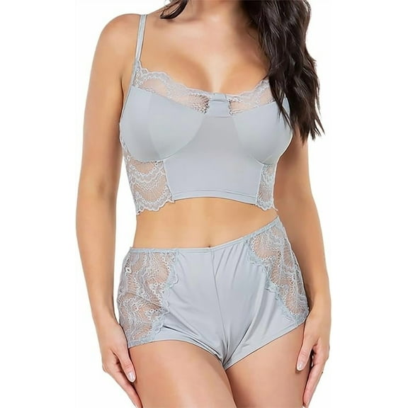 2 Piece Gray Lace Trim Cami Crop Top and Matching ShortsLingerie Sleepwear