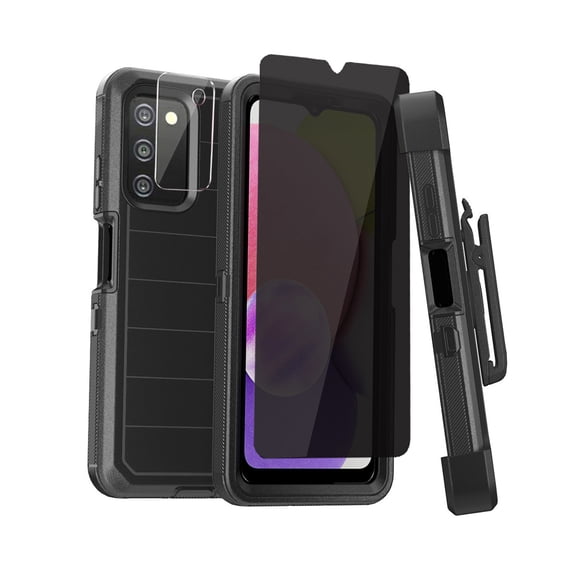 Xhy Samsung Galaxy A03S Case with Belt Clip Holster Privacy Screen and Lens Protector Military Grade Full Body Shock Drop Resistant 3 in 1 Rugged Durable Detachable for Samsung A03S Phone - Black