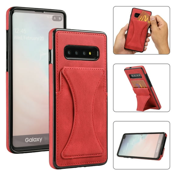 TOP SHE Case for Samsung Galaxy S10 Plus (SM-G975) Cell Phone (6.4 Inch) - Synthetic Leather Protective Case with Card Slot / Kickstand, Slim Fit Lightweight Simple Fashion Cover (Red)