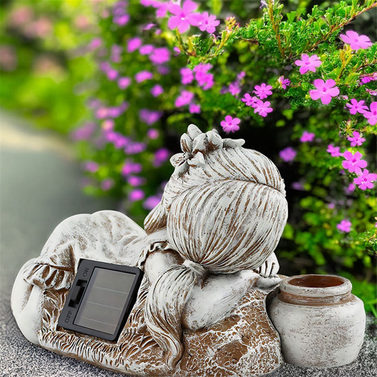 Kid with Solar Lights Garden Decoration Outdoor Statue Resin Jar Boy Flowerbed Yard Sculpture Decor