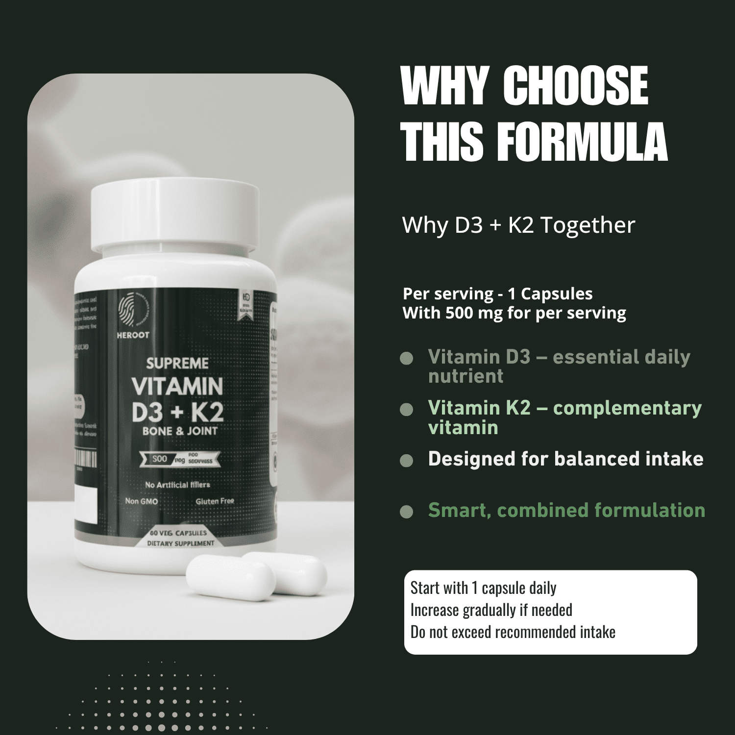 Heroot Vitamin D3 + K2 Capsules | 125 mcg D3 & 100 mcg K2 per Capsule | 120 Veg Capsules | 120 Servings | Daily Supplement