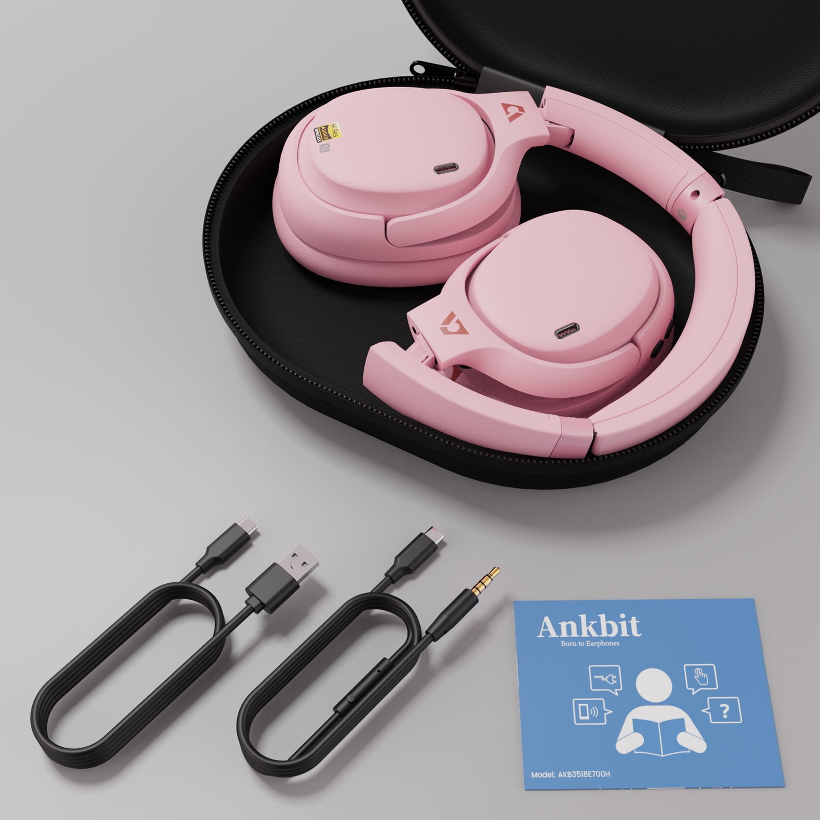 Ankbit E700 Noise Cancelling Headphones with LDAC, Wireless Bluetooth 5.1 Over Ear Headphones with Microphone, 60H Playtime, Pink