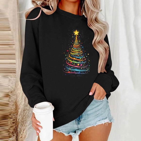 Qetyuw Chandail en Molleton de Noël pour Femmes Graphique Arbre de Noël Coloré Chandail Ample Manches Longues Col Rond
