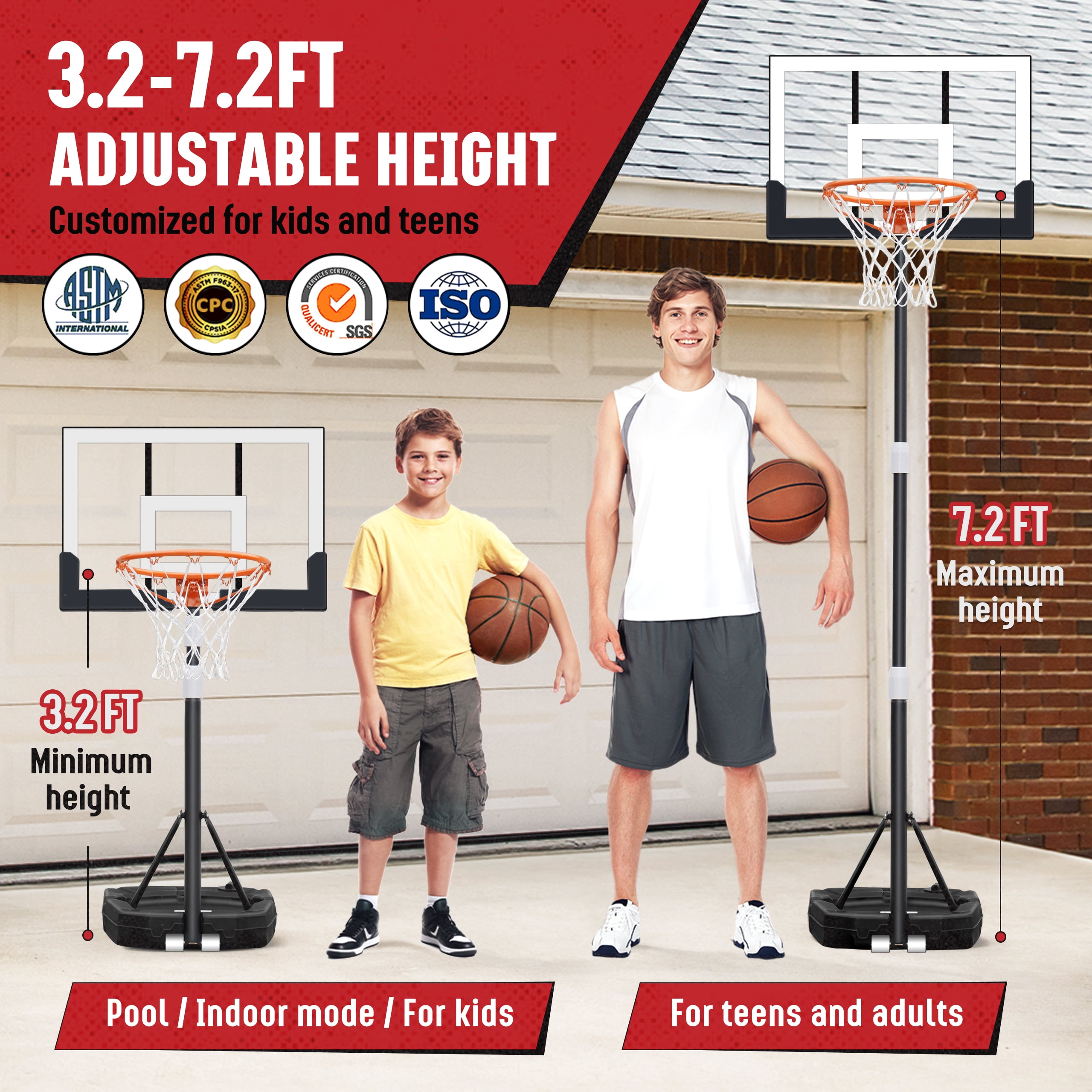 SERAY Adjustable Basketball Hoop for Kids, Teens & Adults, 3.2-7.2 feet Height, Portable Basketball Goal with 29 inch Backboard & 2 Wheels for Indoor & Outdoor Use
