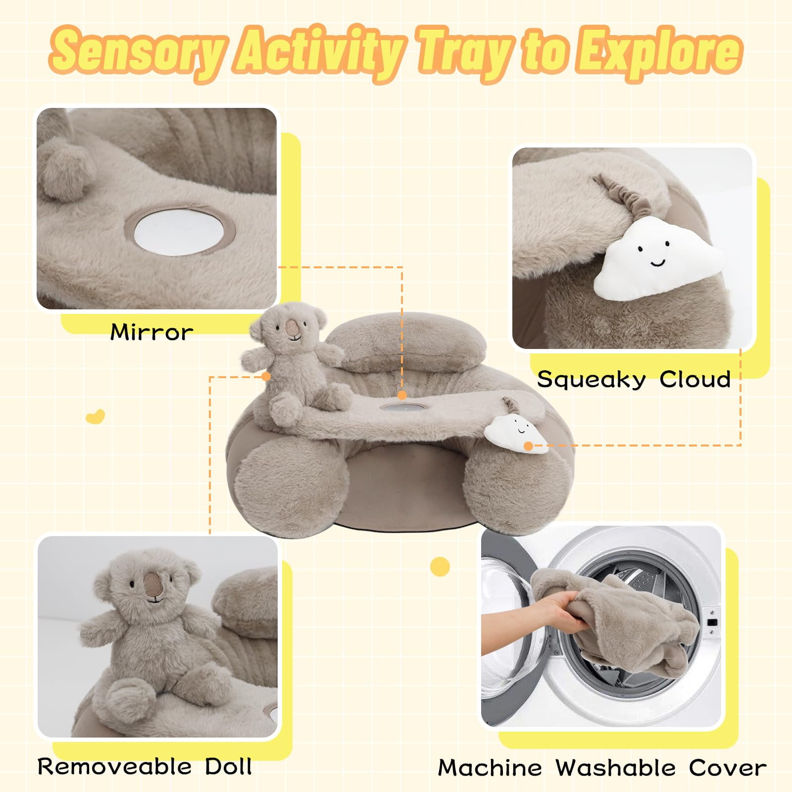 Baby Sit Me Up Seat, Inflatable Baby Seat with Cover for Babies 3-36 Months,Portable,Inflatable Sit & Play Floor Seats for Sitting Up (Gray)
