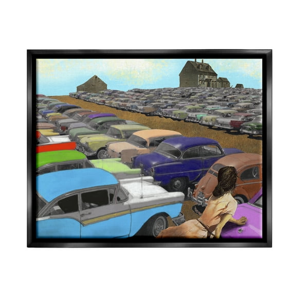 Stupell Industries Vintage Parking Lot Transportation Painting Black Floater Framed Canvas Art Print Wall Art, 21 x 17