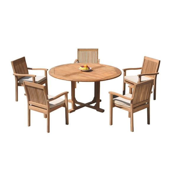 Grade-A Teak Dining Set: 5 Seater 6 Pc: 60" Round Table And 5 Leveb Stacking Arm Chairs Outdoor Patio WholesaleTeak #51LV1206