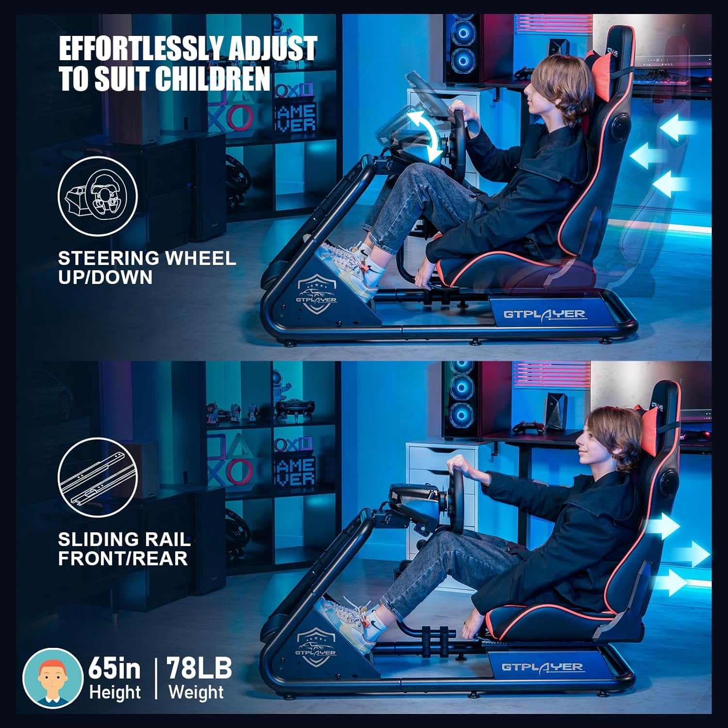 GTPLAYER Racing Simulator Cockpit Alloy Steel Adult Gaming Chair with Bluetooth Speakers, Red/Black