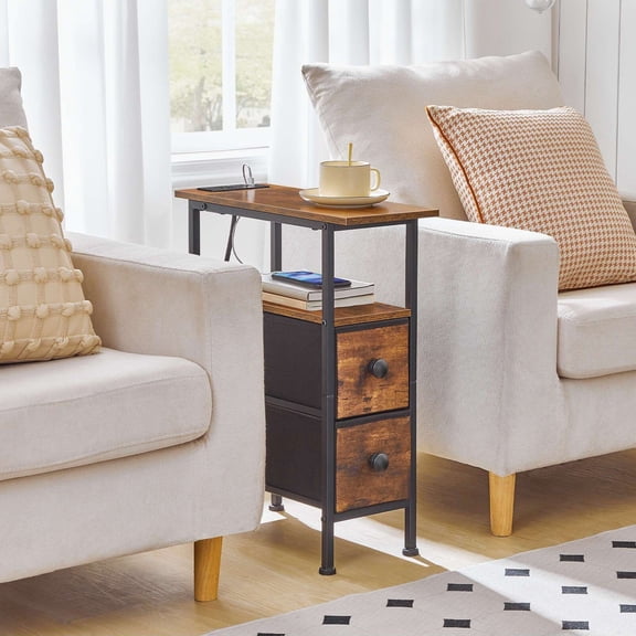 End Table with Charging Station, Narrow Side Table with 2 Fabric Drawers, Skinny Nightstand with Storage, Slim Bedside Table for Living Room, Small Spaces, Rustic Brown and Black