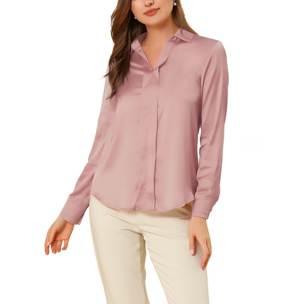 CAMISAS ELEGANTES PARA MUJER INSPIRADAS CHIC, CON CUELLO PUNTA V Y MANGAS LARGAS, BLUSA DE SATÉN SUAVE L ROSA POLVO
