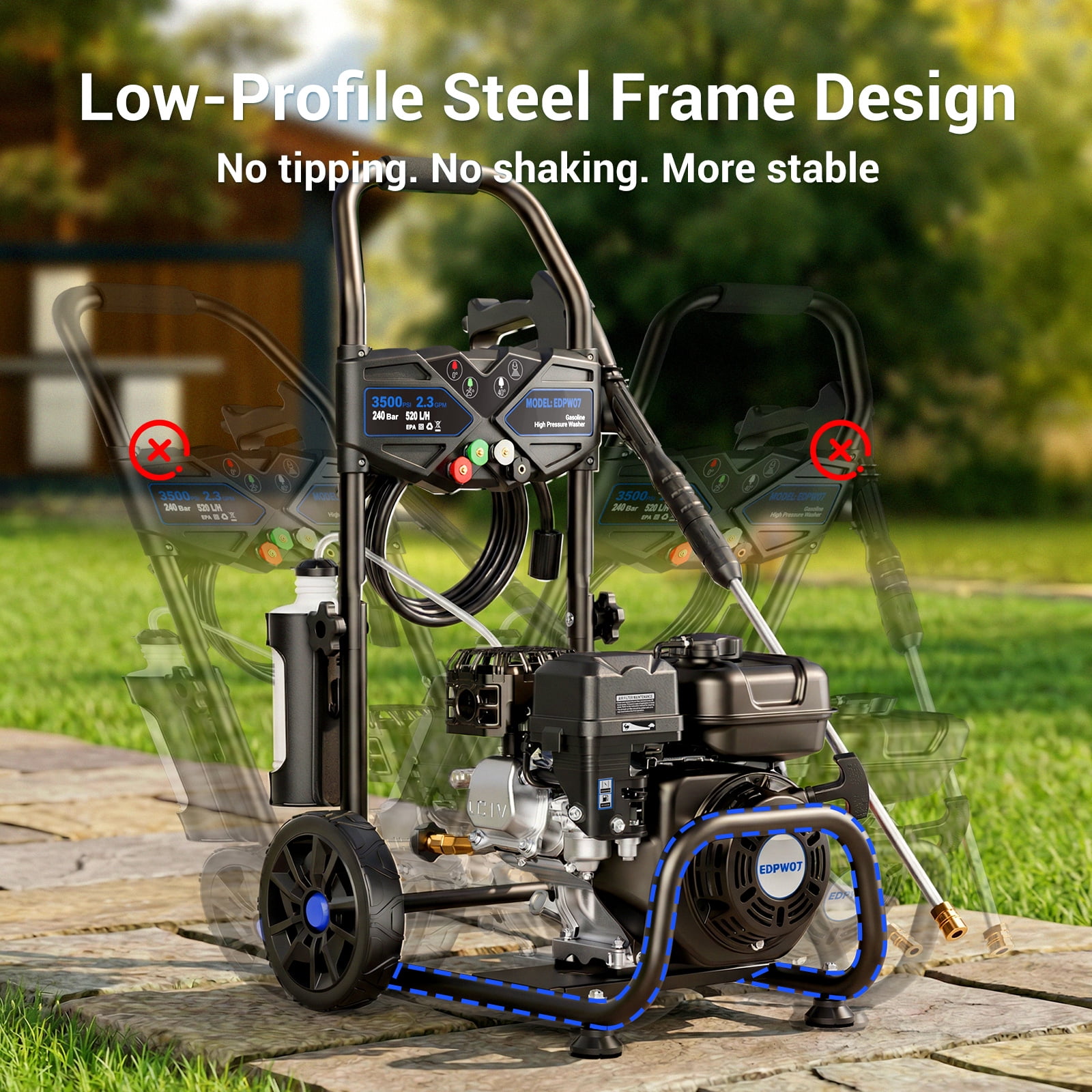 Efurden 3500PSI 2.3GPM Gas Pressure Washer, 209CC 7HP Engine, 4 Quick Connect Nozzles, 25FT Pressure Hose & Soap Tank
