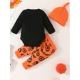thumbnail image 4 of HWJAD Newborn Baby Boy Pumpkin Halloween Clothes My First Halloween Letter Romper+ Pants+Hat 3PCS Outfits Set, 4 of 9