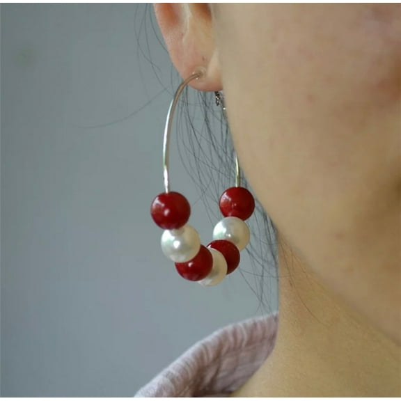 Clip on silver red bead and pearl hoop earrings