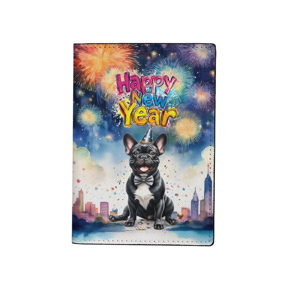 Happy New Year with French Bulldog Fireworks Holiday Xmas Winter 2025 Travel Passport Wallet Dog Lover Gifts PU Leather Passport Holder Cover - 00025