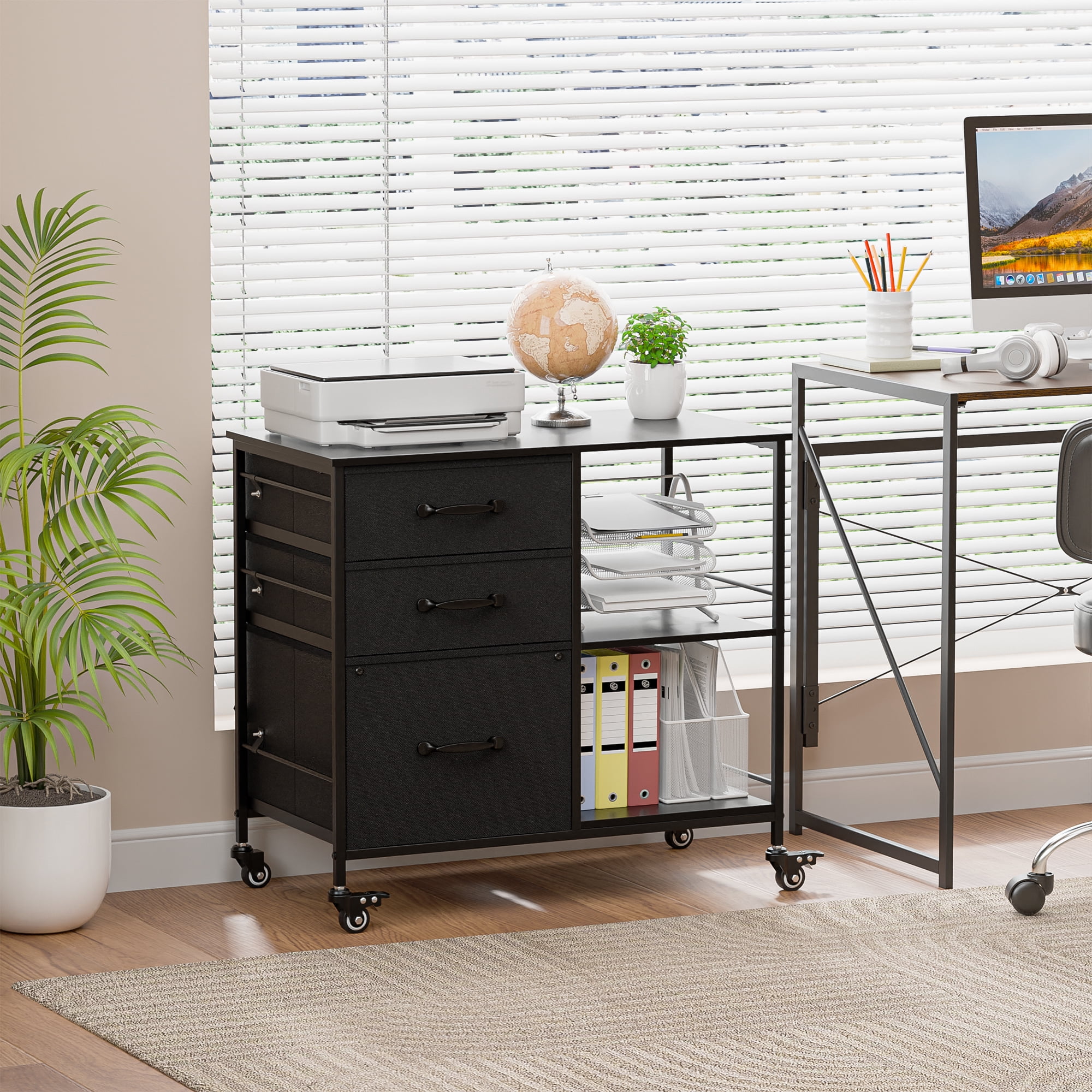 HomGarden Mobile File Cabinet, 3 Drawer Fabric Lateral Filing Cabinet fits A4, Letter Size, Printer W/Open Shelf & Lockable Wheels for Home Office, Gray