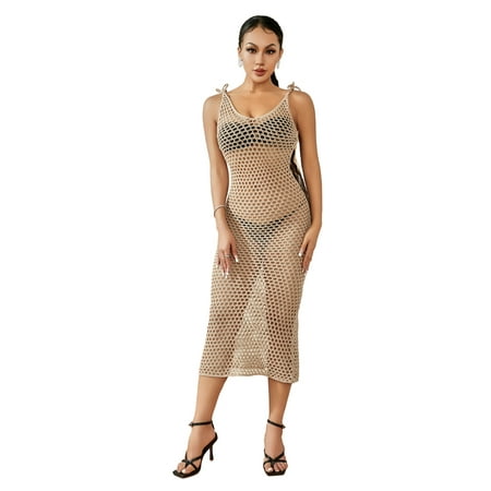 Taoocy Women s Crochet Bikini Cover Ups Sleeveless Backless Hollow Out Swimsuit Cover Up Dress