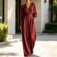 thumbnail image 4 of TEAJOPSUU Women's Jumpsuits 3/4 Sleeve V Neck Elastic Waist Wide Leg Jumpsuits with Pockets Loose Fit Waist Cinching Long Rompers Burgundy, 4 of 5
