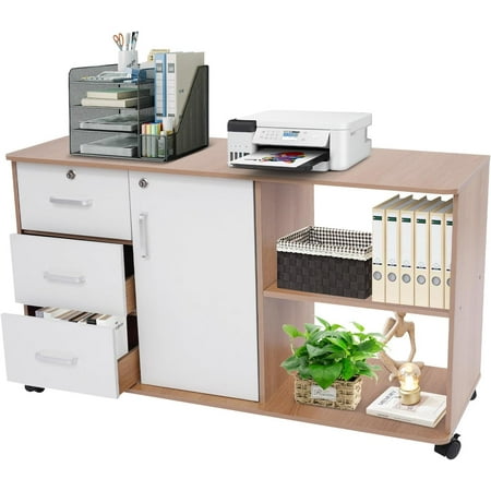 3-Drawer Wood File Cabinet with Lock Mobile File Cabinet File Cabinets for Home Office Printer Stand with Storage Shelves and Rolling Wheels for Home Office (White)