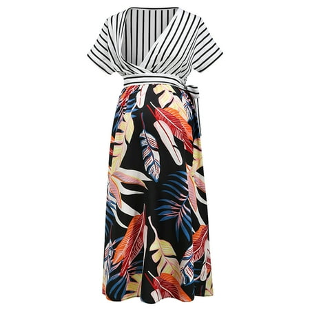 

Juebong Trendy Maternity Dresses for Women Pregnancy Casual V Neck Midi Dress Ladies Elegant Stripe Print Short Sleeve Maternity Breastfeeding Soft Lightweight Woman Clothe Midi Dress