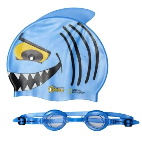 National Geographic Boys and Girls Shark Swim Cap and Goggles Set (Blue)