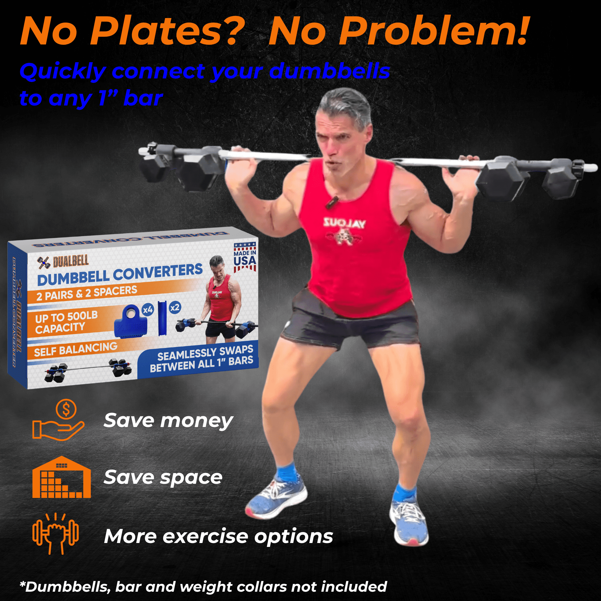 Dualbell Blue Superset- Convert Dumbbells to Barbell Adapters- for 1" Standard Bar Strength Training