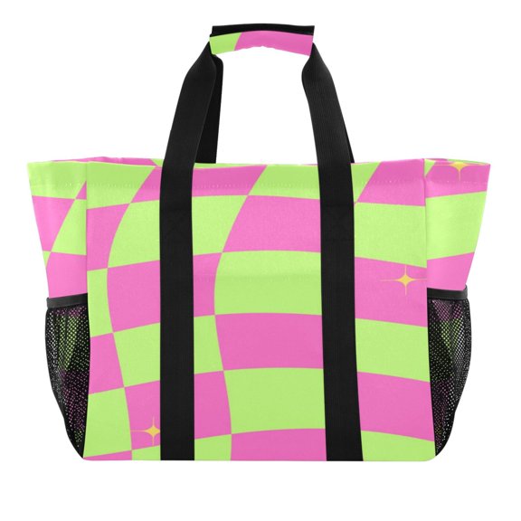 Large-capacity handheld storage bag:Thickened picnic travel bag,oversized clothing luggage organizing bag. Green Pink Checkered