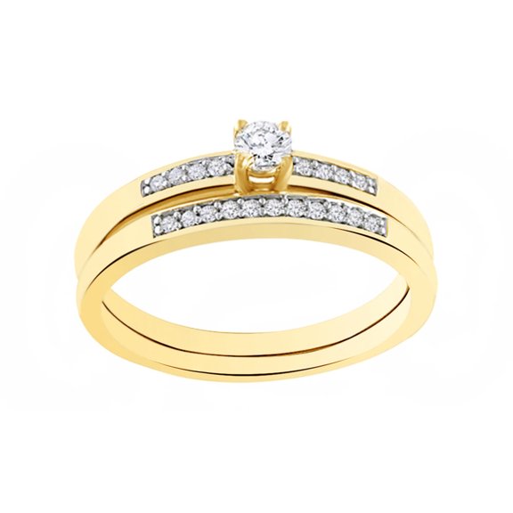 White Natural Diamond Accent Solitaire Bridal Ring Set In 10k Yellow Gold (0.2 Cttw)