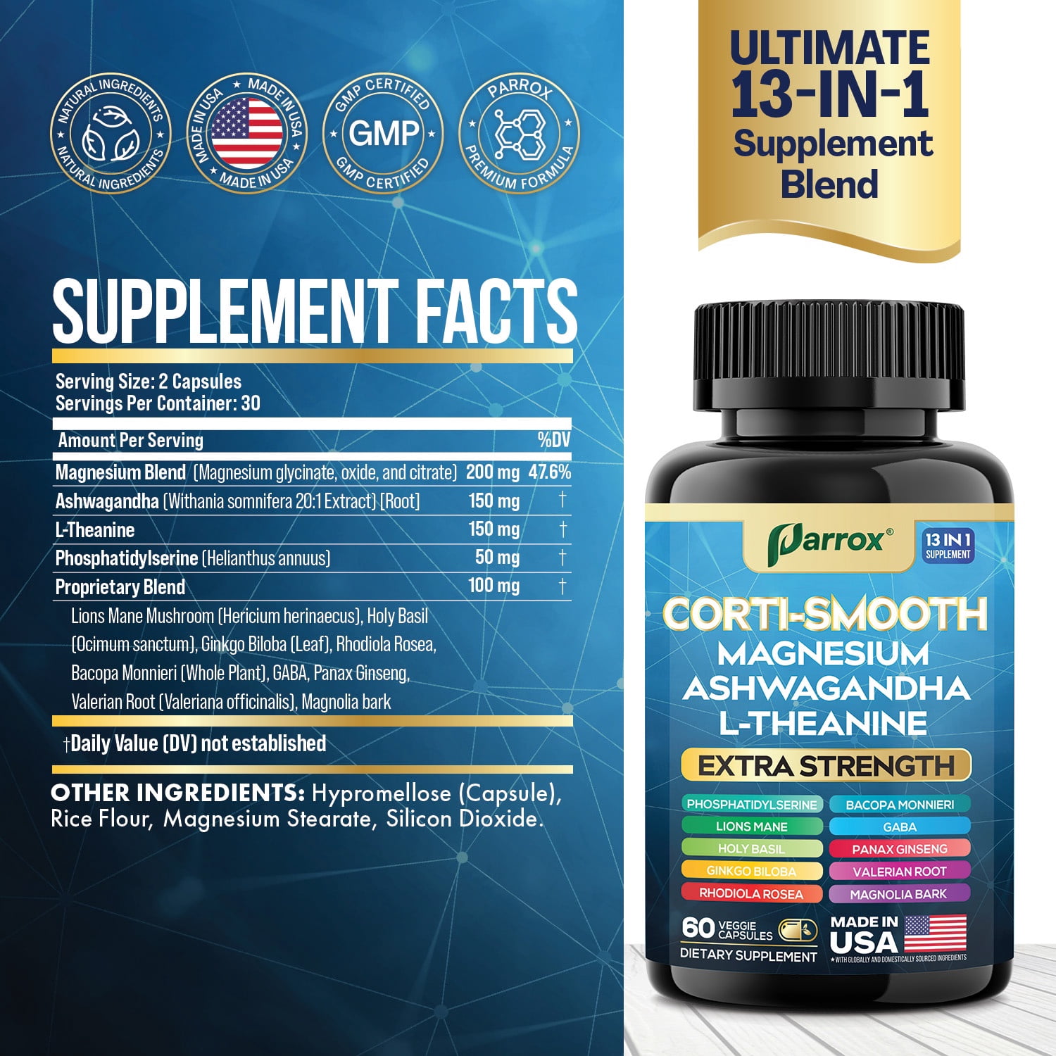Parrox Corti-Smooth Cortisol Supplement Magnesium, L-Theanine, Ashwagandha, Phosphatidylserine, Valerian Root, Lions Mane, Bacopa Monnieri, Ginkgo Biloba, Panax Ginseng, Magnolia Bark, GABA (60 Caps)