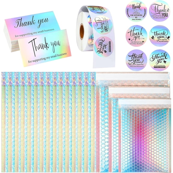 50 Pcs Holographic Bubble Mailers,Metallic Bubble Mailers With Thank You Cards and Stickers,Poly Padded Envelopes,Waterproof Self Sealing Shipping Bags for Mailing,Small Business