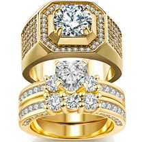 2 Matching Rings Couple Ring Yellow Gold Plated Heart 1CT CZ Women Wedding Ring Sets Female
