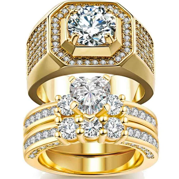 2 Matching Rings Couple Ring Yellow Gold Plated Heart 1CT CZ Women Wedding Ring Sets Female