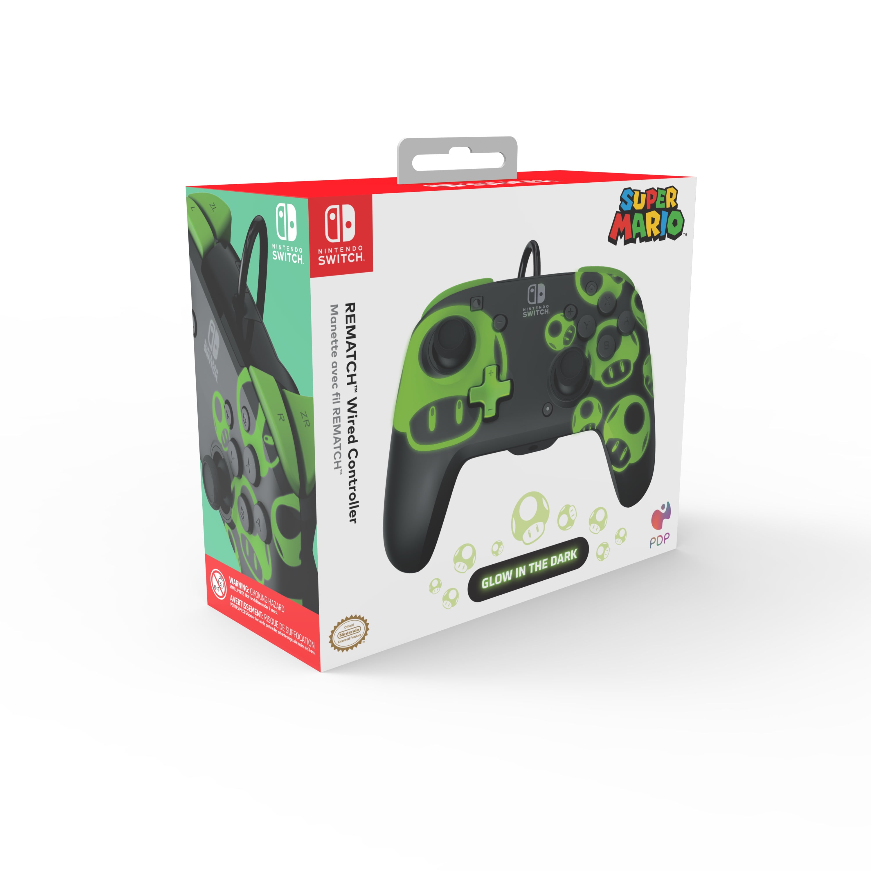 PDP REMATCH GLOW Wired Controller: 1-Up Mushroom (Switch), Give your gaming a glow up with the REMATCH GLOW Wired Controller for Nintendo Switch™! Power-up your play with a unique glow in the dark design, in-game audio, and USB-chat capabilities.