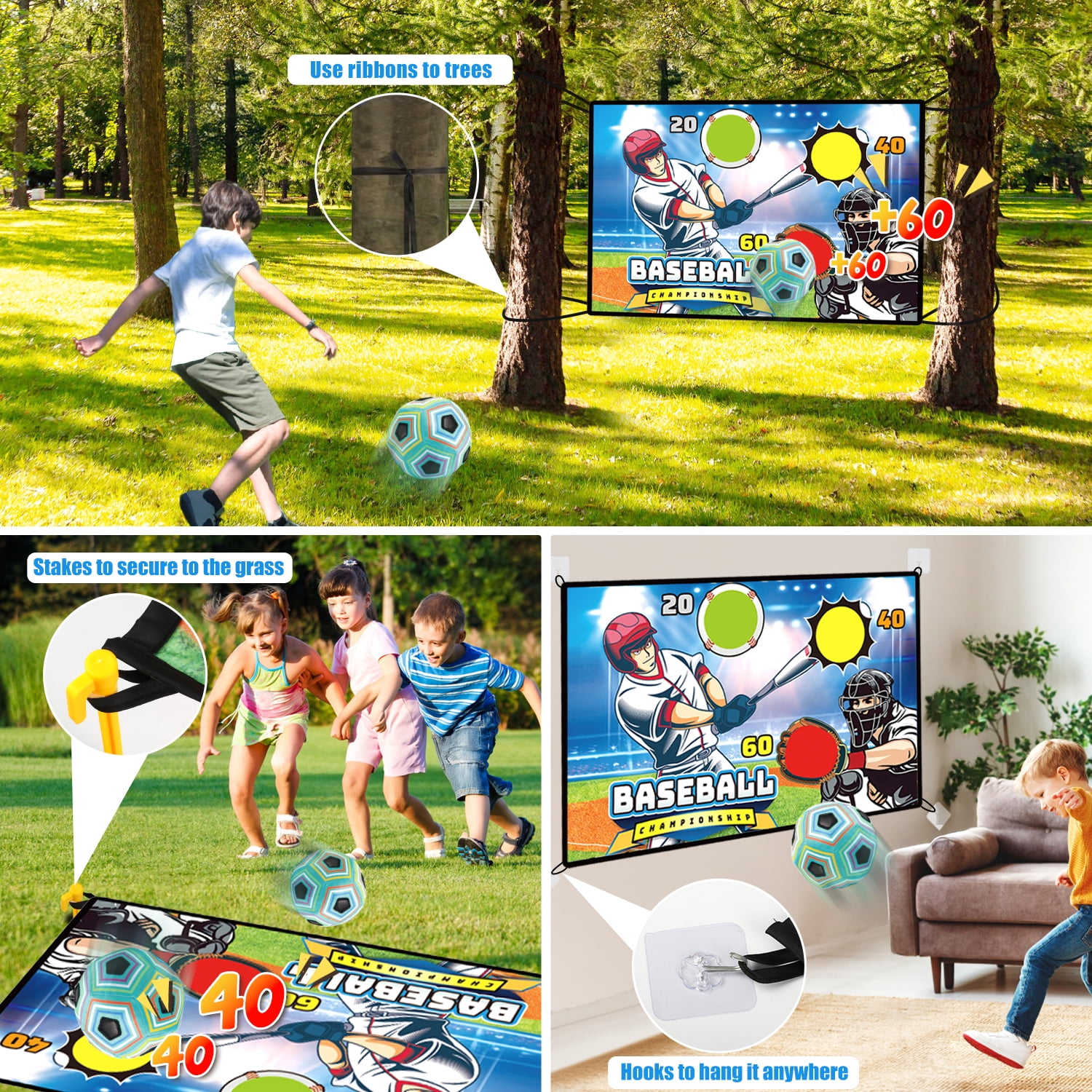 Huge Wave T-Ball Set Toys for Boys Aged 5-7, 2 in 1 Soft Soccer Ball Game Mat Set, Indoor/Outdoor Baseball Sport for Boys, Christmas Birthday Gift for Kids 4-8 Years Old