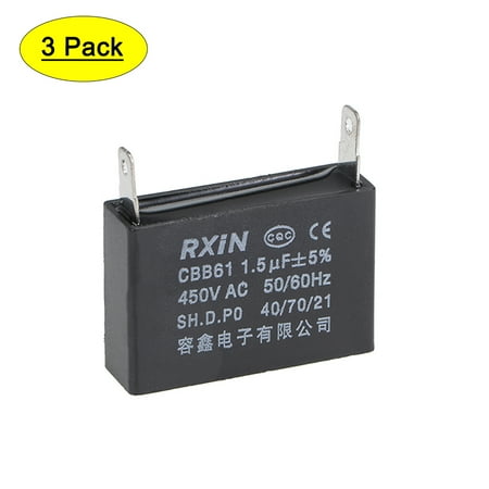 

Uxcell 36.5x11x24.5mm 1.5uF 450V AC Single Insert CBB61 Ceiling Fan Run Capacitor 3 Pack