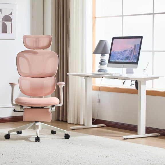 PUKNLY Ergonomic Office Chair with Footrest, High Back Computer Office Chair with Dynamic Lumbar Support, 2D Headrest, 4D Armrest, Sponge Seat, Mesh Home Office Desk Chair for Adults,Pink