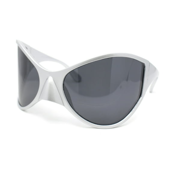 Polarized Exaggerated XXL Wrap Curved Mask Style Plastic Sunglasses Silver - Black