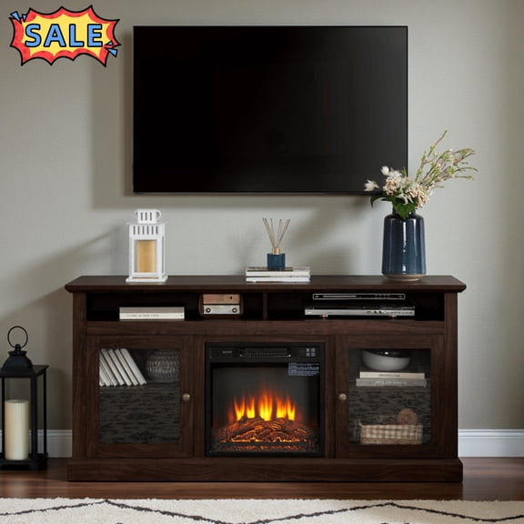 Tcbosik TV Stand with 18 inch Electric Fireplace for TVs up to 65", Entertainment Center with Adjustable Shelves and Glass Doors, 60" Media Console with Storage for Living Room, Brown