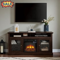 Tcbosik TV Stand with 18 inch Electric Fireplace for TVs up to 65", Entertainment Center with Adjustable Shelves and Glass Doors, 60" Media Console with Storage for Living Room, Brown