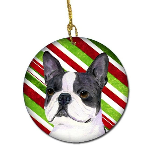 Boston Terrier Candy Cane Holiday Christmas Ceramic Ornament